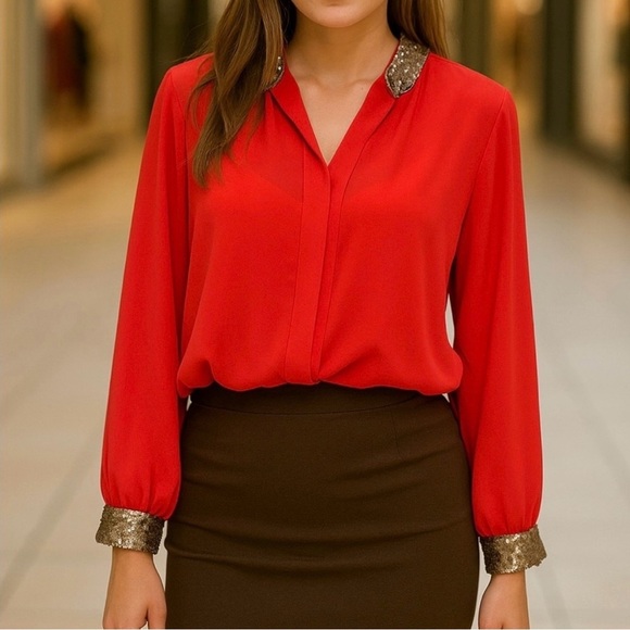 Orange Sequin Trim Blouse • Made in Italy • Elegant Long Sleeve Top - Picture 5 of 10